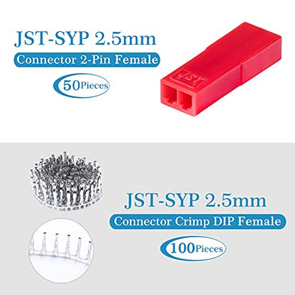 CQRobot JST SYP 2.5 mm Pitch 2-Pin Electronic Connector IC Male Plugs, Female Sockets Housing and Male/Female T-Shaped Crimp Terminal Kit. 50 Sets/300 Pieces Wire-Wire Adapter Cable Assembly. - size: 2P, style: SYP-N