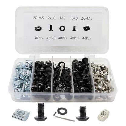 200Pcs 2020 Aluminum Extrusion M5 T Slot Nuts and Bolts Screws 20 Series Extruded Hardware Drop in T Nut Slide Nut M5x8 10mm for 20/20 80 20 2040 T V Slot Black Aluminum Profile Accessories - style: 20 Series Type C