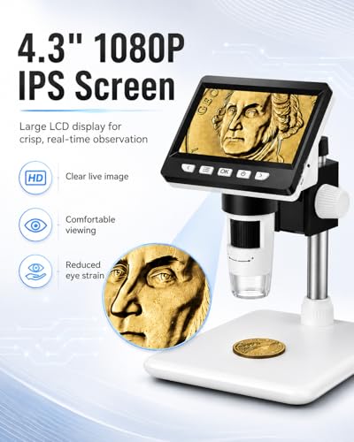 Digital Coin Microscope 1000X, 4.3" LCD Coin Magnifier with Screen for Error Coins, 1080P USB Microscope with 8 Adjustable LED Lights, Photo & Video, Built-in Storage, Compatible with Windows/MacOS - color: White