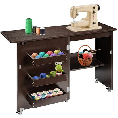 VIVOHOME Folding Sewing Table for Sewing Machine, Sewing Desk with Storage - color: Espresso