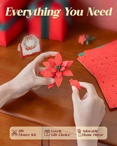 3D Flower Wooden Puzzles for Adults-Poinsettia, DIY Wooden Flowers Model Kit Building Set Crafts Gifts, Artificial Botanical Collection Creative Gift Ideas/Housewarming Celebration(153PCS) - style: Poinsettia