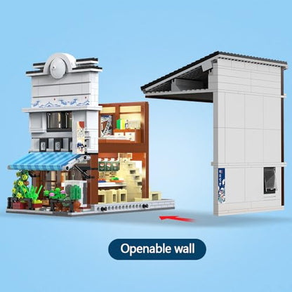 CaDA Master Japanese Sushi House Building Block Set C66018W Creative City Brick Kit with Lights，1665PCS Street House Idea Gift for Adults - color: C66018w