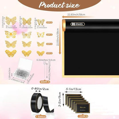 179Pcs Flower Wrapping Bouquet Paper Kit with 20 Sheets Black Floral Wrapping Paper,100 Pcs Diamond Bouquet Pins, 48Pcs 3D Gold Butterflies,1Roll Ribbon,10 Cards for Graduation Birthday Wedding DIY Craft