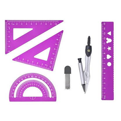 6 Pcs Metal Geometry Set, Math Geometry Kit, Metal Ruler Set and Compass Geometry Tool, Rulers Protractor and Compass Set for Student School and Drawings Supplies (Purple)