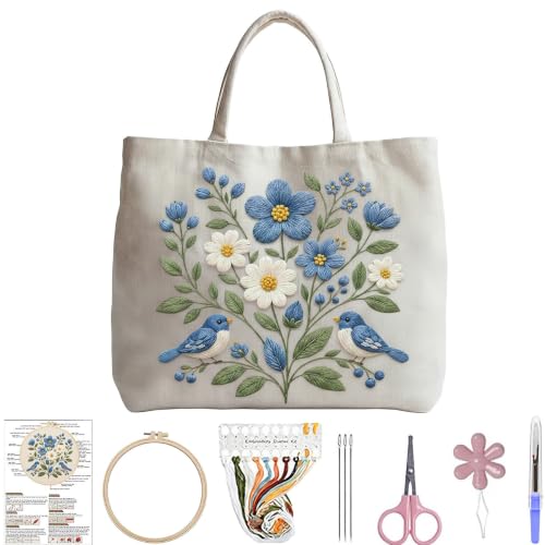 ARTopet Embroidery Tote Bag Kit for Beginners Flower Canvas Cross Stitch Handbag with Hoops Needles Threads Reusable Grocery Bag for Women-Bird - color: Bird