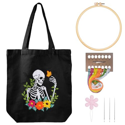 Louise Maelys Halloween Embroidery Kit Canvas Tote Bag, Skull Floral - color: skull flower