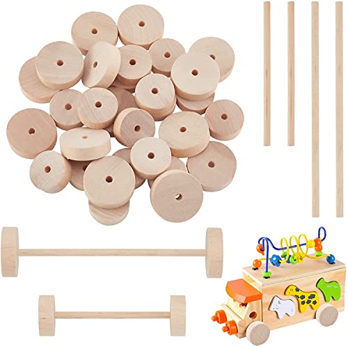 OLYCRAFT 32pcs Wood Craft Wheels Set 1.1 & 1.4 Inch Wheels with 32pcs Wooden Sticks Unfinshed Wooden Wheel Natural Wood Blank Wheel with 5mm Holes for DIY Model Cars Crafting Projects - size: 1.1 inch & 1.4 inch