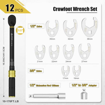 ANPUDS Jumbo Crowfoot Wrench Set, 1/2" Drive for HVAC - size: 12pcs Crowfoot Wrench Set