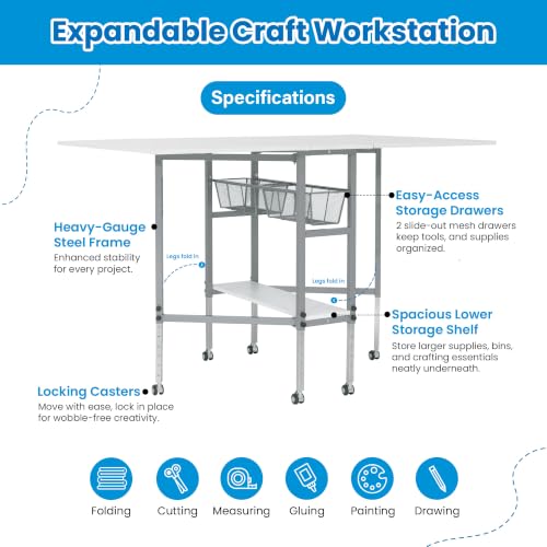 Sew Ready Adjustable Hobby and Cutting Craft Table with 2 Storage Drawers - color: Silver/White