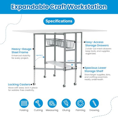 Sew Ready Adjustable Hobby and Cutting Craft Table with 2 Storage Drawers - color: Silver/White