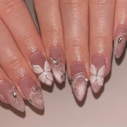 24Pcs Pink Cat Eye Press on Nails Almond Medium Length Fake Nails with Butterfly Designs Rhinestone Nail Press Ons 3D Gradient False Nails Glossy Full Cover Acrylic Glue Stick on Nail for Women - color: Style19