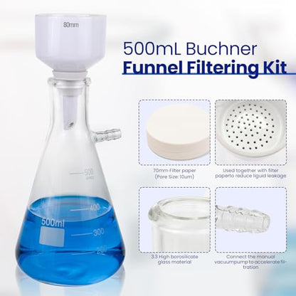 500ml Burchner Vacuum Filtration Kit - 3.3 Glass Flask & Hand Pump - size: 500ML