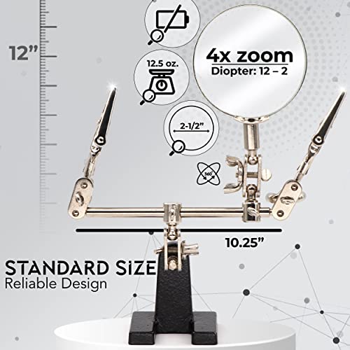 Ram-Pro Helping Hands Magnifier Glass Stand with Alligator Clips – 4X Magnifying Lens, Perfect for Soldering, Crafting & Inspecting Micro Objects - size: 4X Magnification - Without LED Light