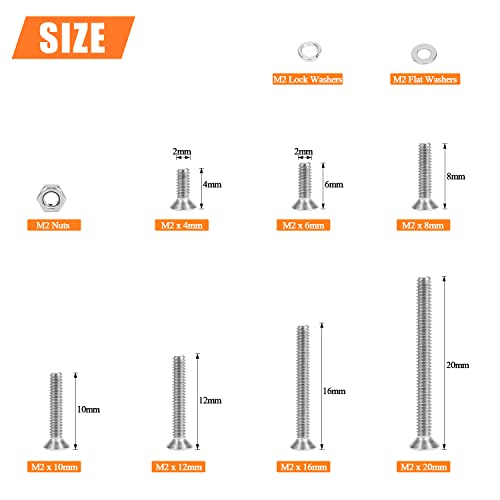 HELIFOUNER 560 Pieces M2 x 4mm /6mm /8mm /10mm /12mm /16mm /20mm, Countersunk Head Socket Cap Screws Bolts Washers Nuts Kit, 304 Stainless Steel - size: M2, style: Countersunk Head Socket Cap