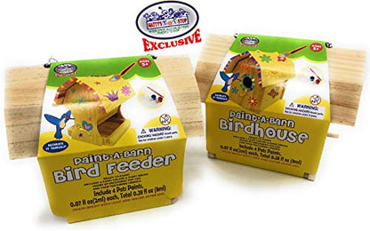 Matty's Toy Stop Paint-A-Barn Wooden Birdhouse & Bird Feeder (Includes Paints & Brushes) Gift Set Bundle - 2 Pack