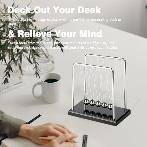 Newtons Cradle Balance Pendulum 5 Balls, Wooden Base Newton's Cradle, Desktop Calm Down Fidgets Kit, Office Home Desk Décor, Fun Science Physics Accessories for Adults - size: Medium