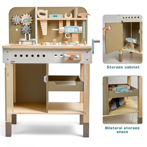 Kids Tool Set,Wooden Tools Bench with Apron Toddler Toy Workbench with Realistic Tools Electric Drill STEM Construction Toy Gifts for Age 3-9 Boys Girls - style: Wooden Tool Bench