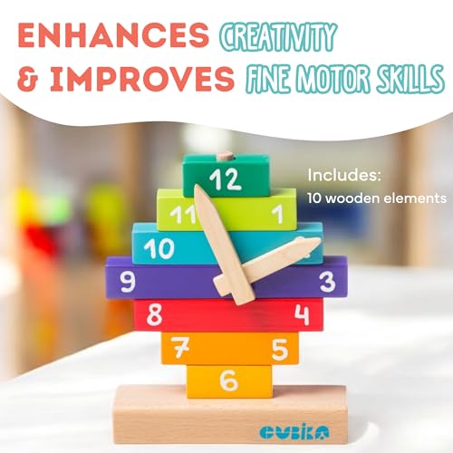 CUBIKA Wooden Clock Construction Kit – Montessori Stacking Toy for Toddlers Ages 3+ – Made from Natural Wood with Water-Based Paints – Travel-Friendly Educational Gift for Boys & Girls - style: Clock Construction Set