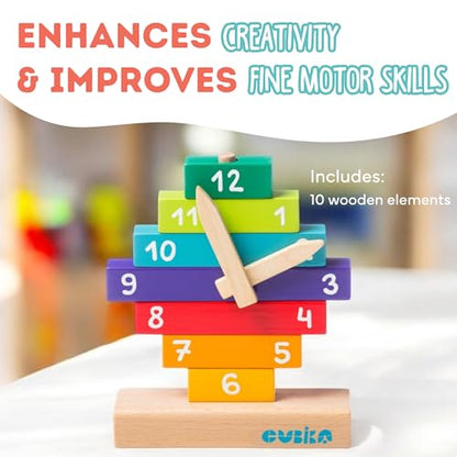 CUBIKA Wooden Clock Construction Kit – Montessori Stacking Toy for Toddlers Ages 3+ – Made from Natural Wood with Water-Based Paints – Travel-Friendly Educational Gift for Boys & Girls - style: Clock Construction Set