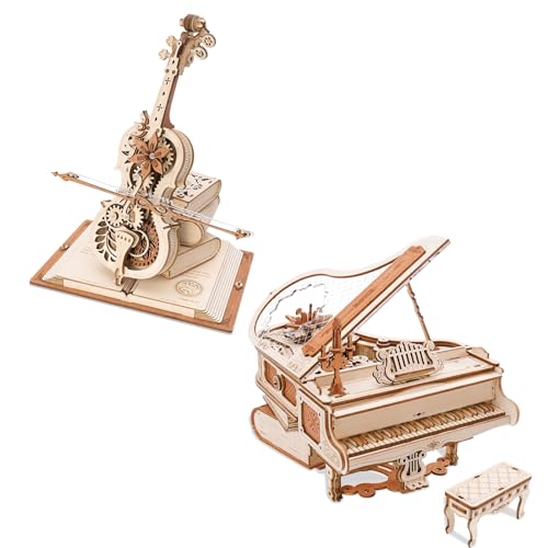 ROKR 3D Puzzles for Adults Cello+Piano Model Kit Wooden Music Box AMK81+AMK63 Building Kit Desk Gift for Men Women Hobby for Adults