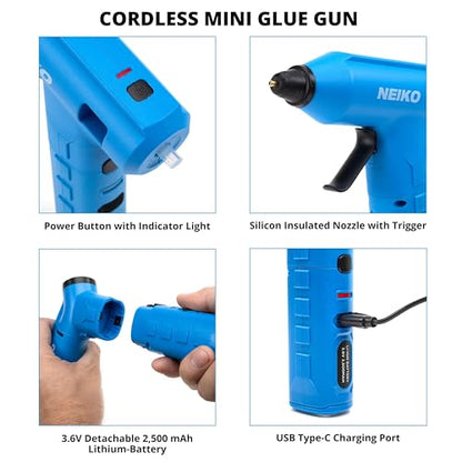 NEIKO 10582A Cordless Glue Gun, 20W Rechargeable Hot Glue Gun, 20 Glue Sticks Included, Wireless Anti Drip Nozzle Mini Glue Gun for Arts and Crafts, Mini USB Charging Port, Insulated Nozzle - style: Cordless Quick Heating Glue Gun