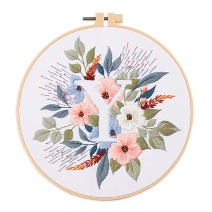 IUHUI Embroidery Kit for Beginners Adults - 26 Floral Letters Easy Patterns, DIY Hand Stitching Embroidery Set with Hoop (Flower and Grass Letter Y) - color: Flower and Grass Letter Y