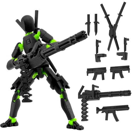 Gatling Gun Titan 13 Action Figure Set【Assembled】, Robot T Action Figure 3D Printed Dummy 13 Action Fidget Toys Figure Articulated, Lucky 13 for Collectors Desktop Decorations (Black-Green) - color: Black-green