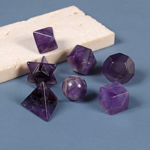 7-Piece Amethyst Natural Crystal Geometry Collection Healing Crystals Kit Sacred Geometry Platonic Solids Geometric Set Tumbled Stones Specimen Collection - style: Amethyst