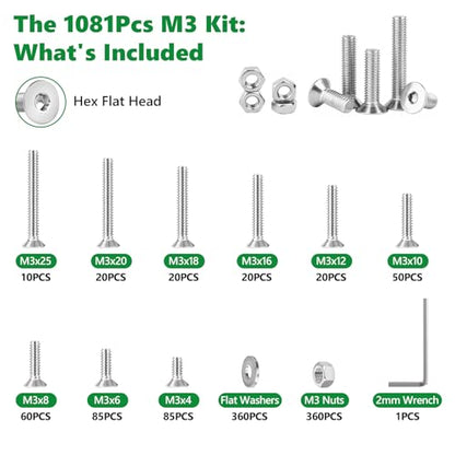 1081 Pcs M3 Flat Head Screws Nuts Washers Wrench Kit, 304 SS - size: SS M3 1081pcs 1