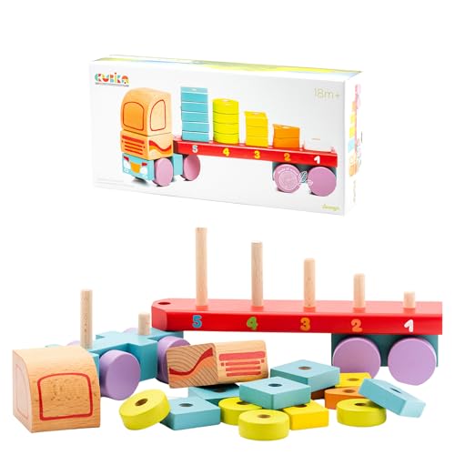 CUBIKA Wooden Geometric Shapes Truck– Montessori Toy for Toddlers Ages 3+– Shape Sorter and Stacking Truck Building Toy– FSC-Certified Wood, German Water-Based Paints, Travel-Friendly - style: Geometric Shapes Truck