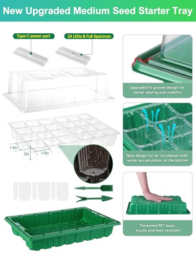 Large Seed Starter Trays with Heat Mat, Seed Starter Kit with 48 Full Spectrum LEDs, 24 Large Cells Seed Germination Kit with Adjustable Humidity Vents for Indoor Plants Seeds Starting - size: L×1 with Heat Mat