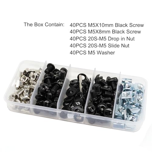 200Pcs 2020 Aluminum Extrusion M5 T Slot Nuts and Bolts Screws 20 Series Extruded Hardware Drop in T Nut Slide Nut M5x8 10mm for 20/20 80 20 2040 T V Slot Black Aluminum Profile Accessories - style: 20 Series Type C