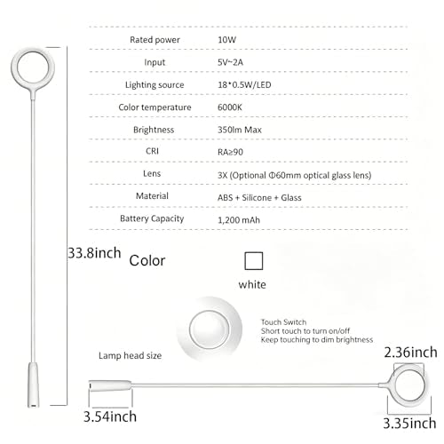 Neck Wear Magnifying Glass with Light, Hands Free Flexible Gooseneck Magnifier LED Lamps for Craft Hobby, Painting, Reading, Sewing, Close Work (White)