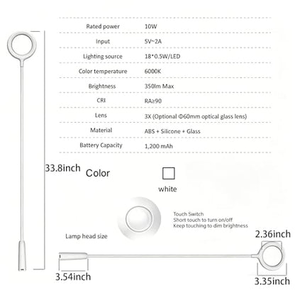 Neck Wear Magnifying Glass with Light, Hands Free Flexible Gooseneck Magnifier LED Lamps for Craft Hobby, Painting, Reading, Sewing, Close Work (White)