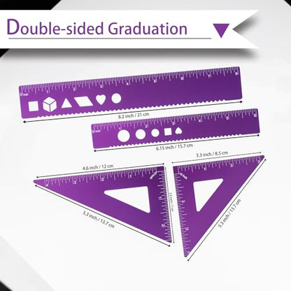5 Pcs Metal Geometry Set, Math Drafting Ruler Kit- Aluminum Triangle Rulers, Protractor, 8 Inch and 6 Inch Drawing Ruler, Measuring Tool for School and Office Supplies (Purple) - color: Purple