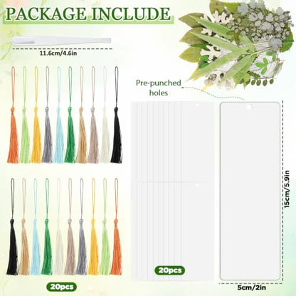 20 Sets Dried Leaves Bookmark Making Kit Transparent Bookmark DIY Projects Craft Gift Bulk PET Sticker with Color Tassels and Tweezer for Classroom Activities Reading Award and Book Lovers (Leaves) - style: Leaves