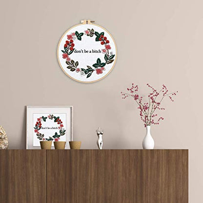 Louise Maelys Cross Stitch Kit Full Range DIY Floral Wreath with Funny Sayimg Embroidery Kit for Beginner - color: Floral-1