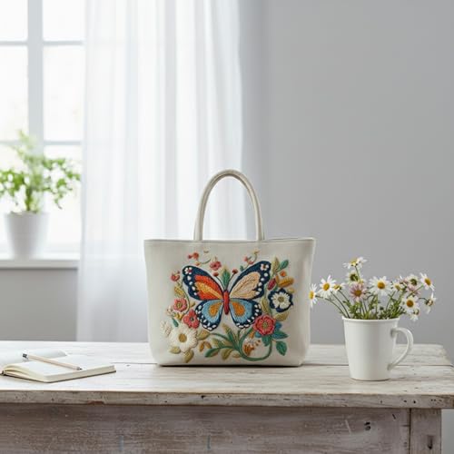 ARTopet 3Pcs Embroidery Tote Bag Kit for Beginners Butterfly Canvas Cross Stitch Handbag with Hoops Needles Threads Reusable Grocery Bag for Women - color: 3Pcs