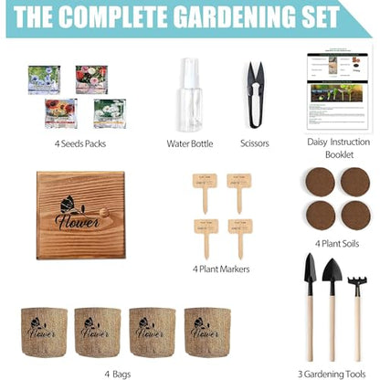 Indoor Daisy Garden Starter Kit, 4 Flower Seeds Growing into Shasta Daisy, Cornflower, Sunflower, Zinnia, Including Complete Gardening Tools for Women Men & Beginners