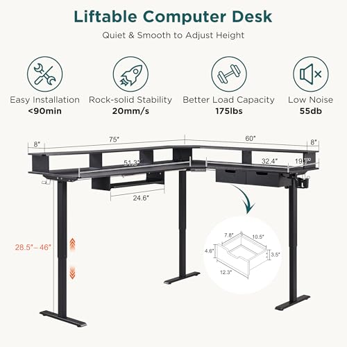 RedLemon 75x60 Inches L Shaped Electric Standing Desk, Carbon Fiber Black - color: Carbon Fiber Black, size: 75"X60"
