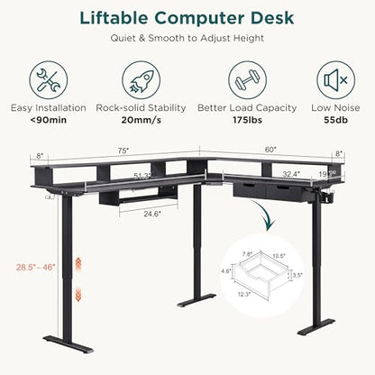 RedLemon 75x60 Inches L Shaped Electric Standing Desk, Carbon Fiber Black - color: Carbon Fiber Black, size: 75"X60"
