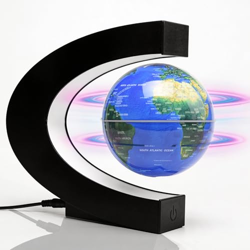 Magnetic Levitation Floating Rotating World Globe with LED Frame Lights, C Shape Levitating Globe, Touch Switch Night Light, Cool Tech Gifts for Men Dad Boys Kids, Office Desk Decor and STEM Gift - color: Blue