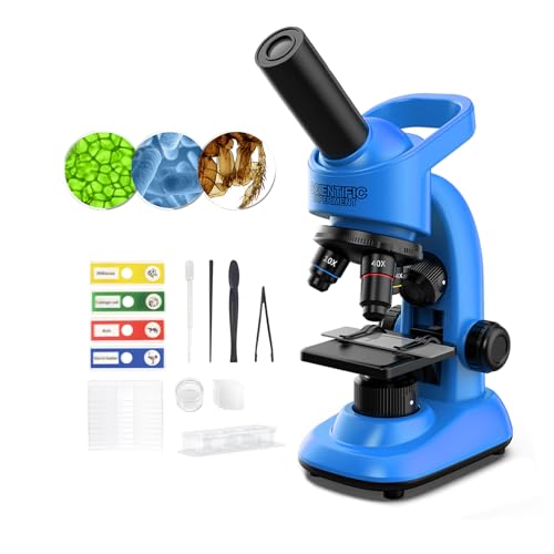 Microscope for Kids Scientific Experiment Kit 40X-1600X Magnification LED Light Educational STEM Kit with Slides and Lab Tools (Blue) - color: Blue