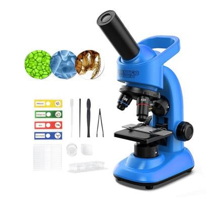 Microscope for Kids Scientific Experiment Kit 40X-1600X Magnification LED Light Educational STEM Kit with Slides and Lab Tools (Blue) - color: Blue