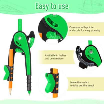 Zonon 2 Pcs Protractor and Compass Set, Swing Arm Protractor, Green - color: Green