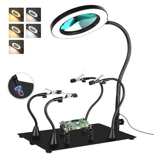 Drdefi Magnetic Helping Hands Soldering Station 12X Magnifying Lamp Large Base Third Hand Jewelry Tool Hands Free Magnifier Weighted Base with 4 Magnetic Pillar Crafts Making Electronic Hobby - size: Large Base+4 Pillar