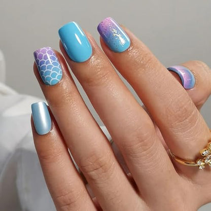 CurvLife Short Square Mermaid Press On Nails, Ocean Wave Blue, Soft Gel - color: sea ocean
