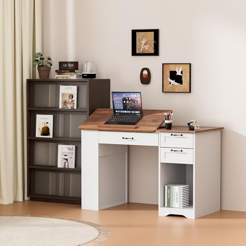 Drafting Table with Storage Cabinet & Drawers, Adjustable Drawing Table with Open Shelves, Craft Art Desk for Artists, Painters, Drawing, Crafting, Reading, Writing, Working - color: White