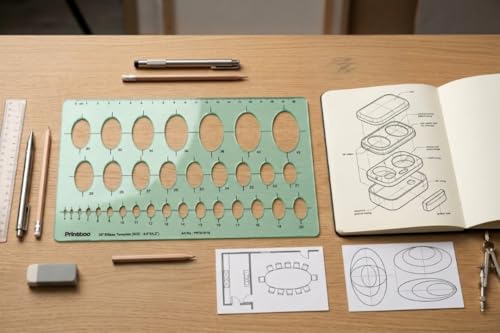 Printtoo 35° Ellipse Template, Transparent Green Acrylic Drafting Stencil with Multiple Oval Cutouts, Metric Scale & 2 mm Thickness for Architecture, Engineering, Drawing & Craft Use - color: Series-PRTD-2119A
