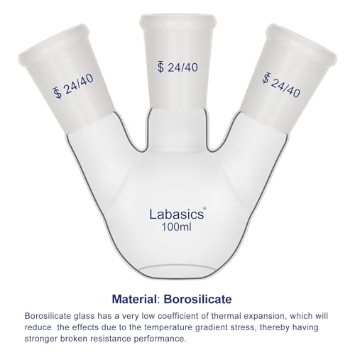 Labasics Borosilicate Glass 3 Neck Flat Bottom Boiling Flask with 24/40 Joints, for Lab Experiments, Distillation and Reflux Systems, 100ml - size: 100 ml